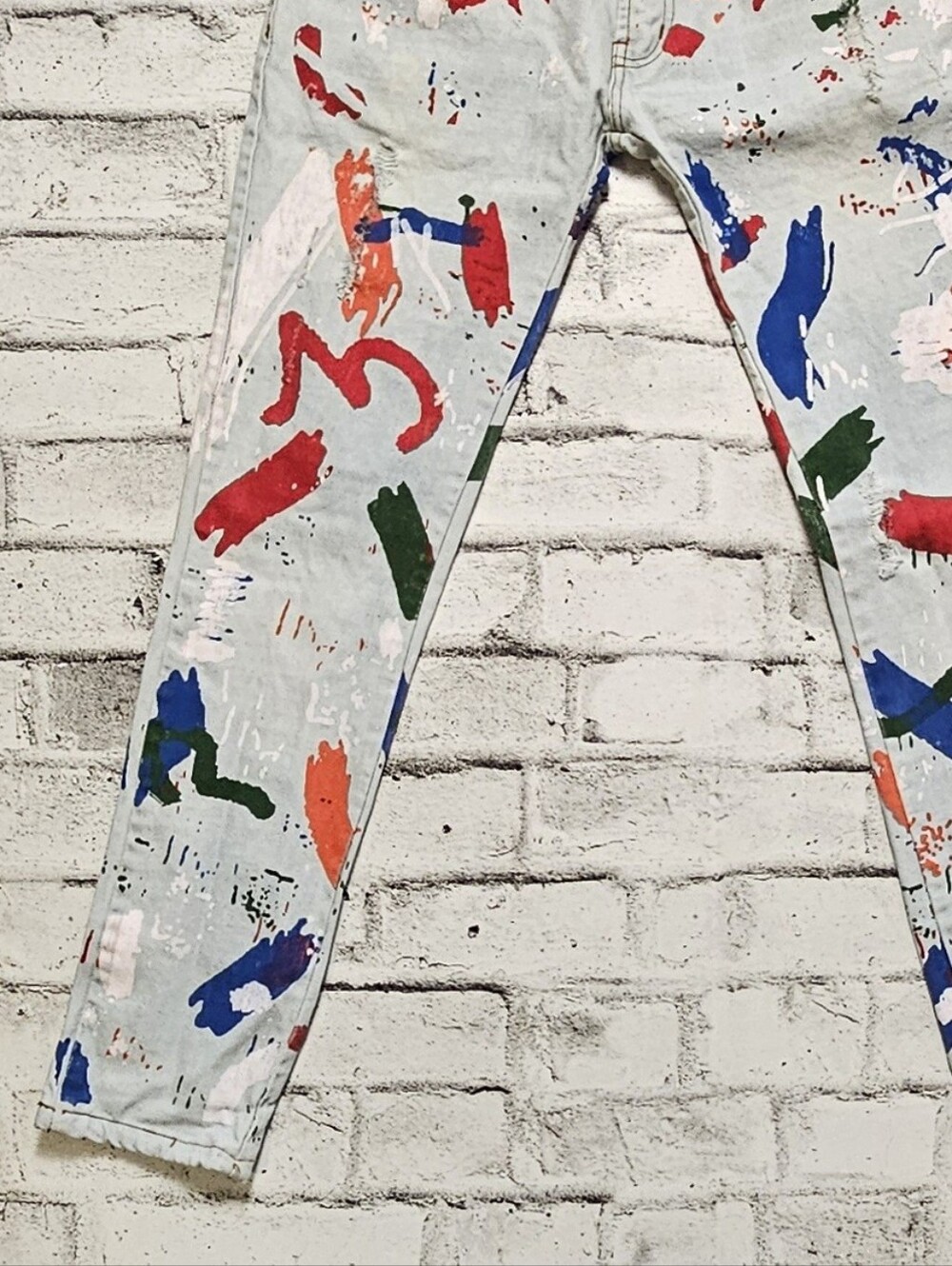 Paint Splatter Graphic Jeans Streetwear Slim Fit Denim Pants 34 - Picture 3 of 9
